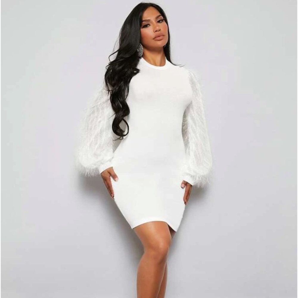 SHEIN SXY Fuzzy Lantern Sleeve Mock Neck Bodycon Dress